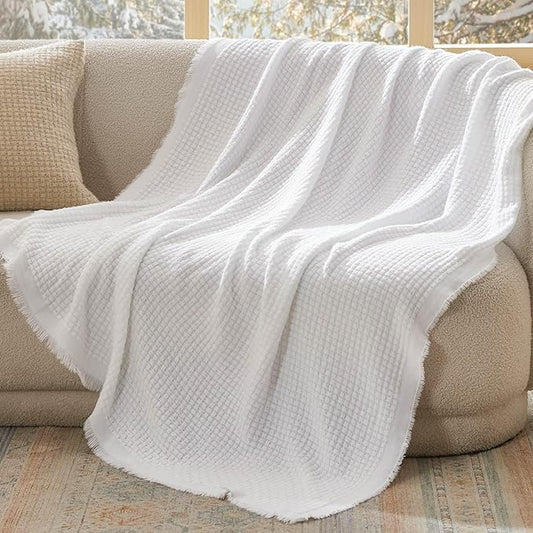 Bedsure White Throw Blanket for Couch - Decorative Woven Throw Gifts with Tassels, Soft and Lightweight Farmhouse Blankets for Couch and Sofa, 50x60 Inches