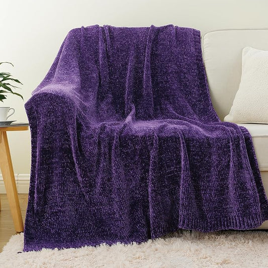 BATTILO HOME Chenille Knitted Throw Blanket for Couch, Decorative Cozy Dark Purple Throw Blanket for Bed Sofa Outdoor, Super Soft Purple Blankets Chenille Blankets for Home Decor, 51"x67"