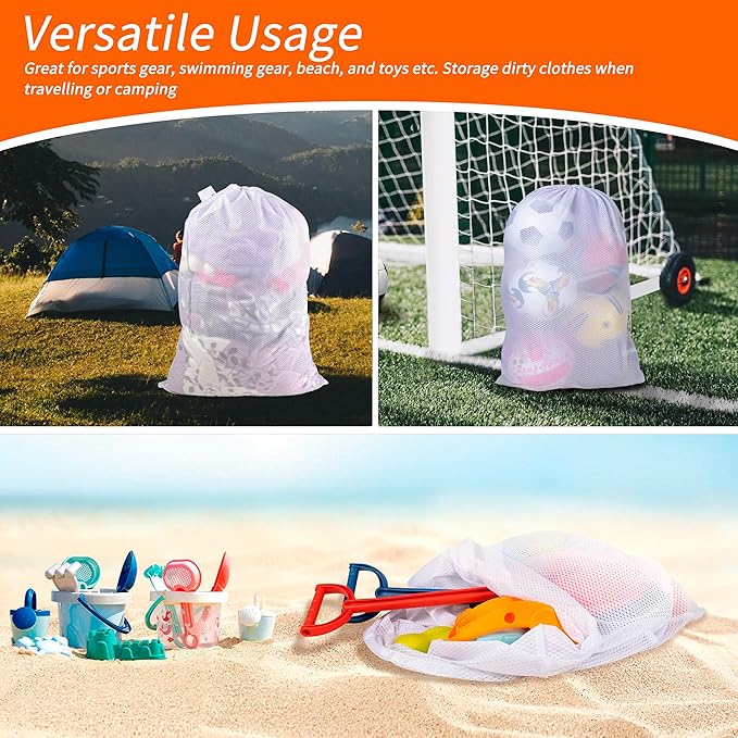 Polecasa Extra Heavy Duty Large Diamond Mesh Laundry Bags with Drawstring Closure & ID Tag, 2Pcs 24 x 36 inches Washable Storage Bag for Hamper, College, Travel, Sports, Dorms, White