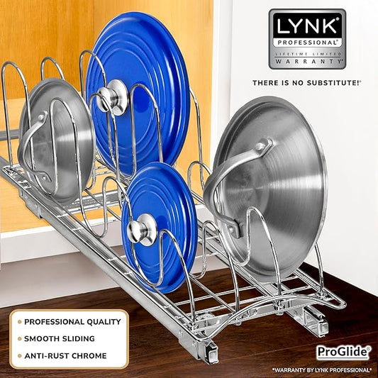 LYNK PROFESSIONAL® Pull Out Pot Lid and Cookie Sheet Organizer Rack for Cabinet - Lifetime Ltd. Warranty - Sliding Kitchen Organizers – Pans, Pots, Lids, and Tray Storage - 7.25 wide x 21 inch, Chrome