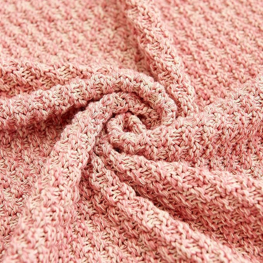 Longhui bedding Dusty Pink Knitted Throw Blanket for Couch, Soft, Cozy Machine Washable 100% Cotton Sofa Knit Blankets, 60 x 80 Inches Oversized, Pink and White Color, Laundry Bag Included