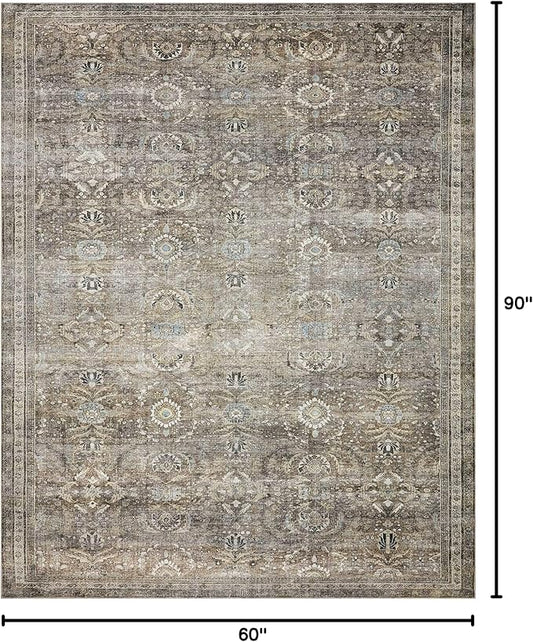 Loloi Layla Collection LAY-13 Antique/Moss 5'-0" x 7'-6" .13" Thick Area Rug, Soft, Durable, Vintage Inspired, Distressed, Low Pile, Non-Shedding, Easy Clean, Printed, Living Room Rug