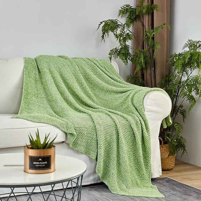 Longhui bedding Green Knitted Throw Blanket for Couch, Soft, Cozy Machine Washable 100% Cotton Sofa Knit Blankets, Heavy 4.0lb Weight, 60 x 80 Inches, Grass Green
