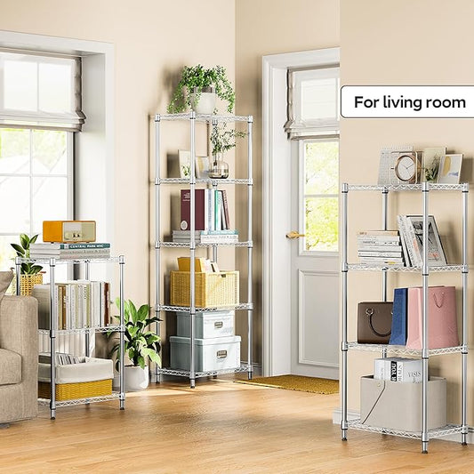 M MZG 5 Tiers Shelf Metal Storage Shelves Wire Rack Closet Organizers with Wheel for Garage Kitchen Bathroom Laundry Chrome 11.8" D x 17.7" W x 55" H