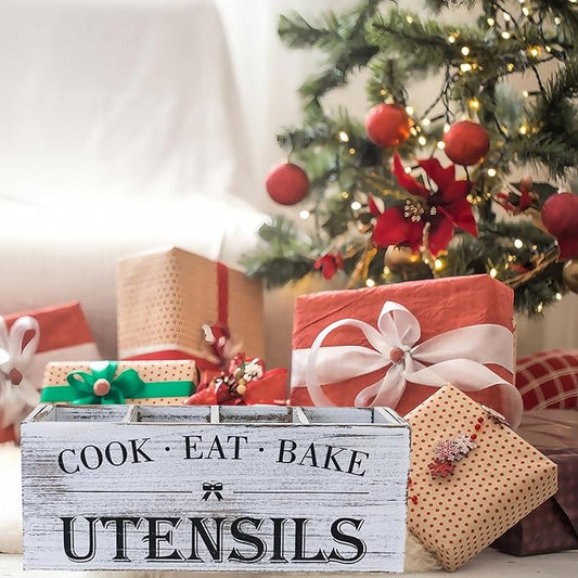 LIBODOUR Utensil Holder,Extra Large Wooden Utensil Holder For Kitchen Counter,Cooking Spatula Organizer,Big Storage Caddy With 4 Compartments Flatware Spoon Tool Cutlery(Light White)