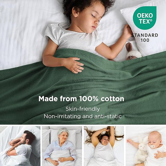 Bedsure GentleSoft 100% Cotton Blanket Twin XL Size for Bed - Breathable and Lightweight, Soft Cozy Textured Herringbone Woven Summer Blanket for College Dorm, Dark Green, 66x90 inches