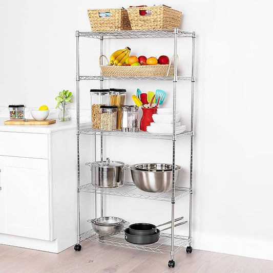 Seville Classics 5-Tier Wire Shelving with Wheels, 5-Tier, 30"" W x 14"" D (NEW MODEL), Chrome Plating, Plated Steel