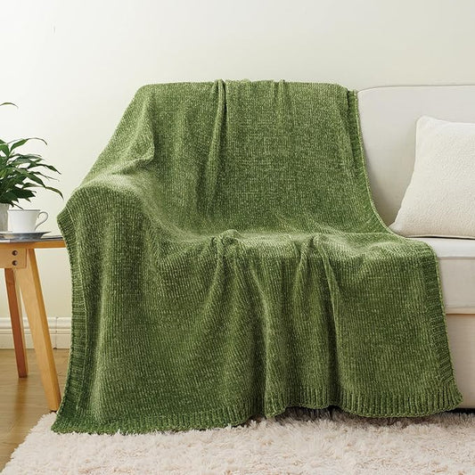 BATTILO HOME Chenille Knitted Throw Blanket for Couch, Spring Summer Green Throw Blanket for Home Decor, Decorative Cozy Soft Moss Green Blankets for Bed Sofa Couch Living Room, 51"x67"
