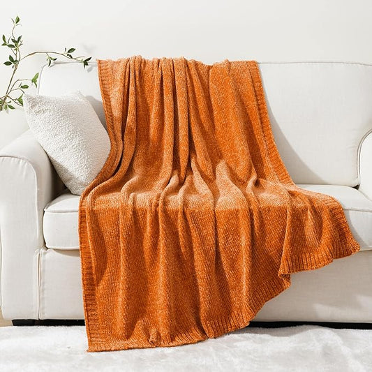 BATTILO HOME Orange Chenille Throw Blanket for Fall Decor, Fall Knit Throw Blankets, Soft Cozy Pumpkin Color Throw Blankets for All Seasons, 51"x67"