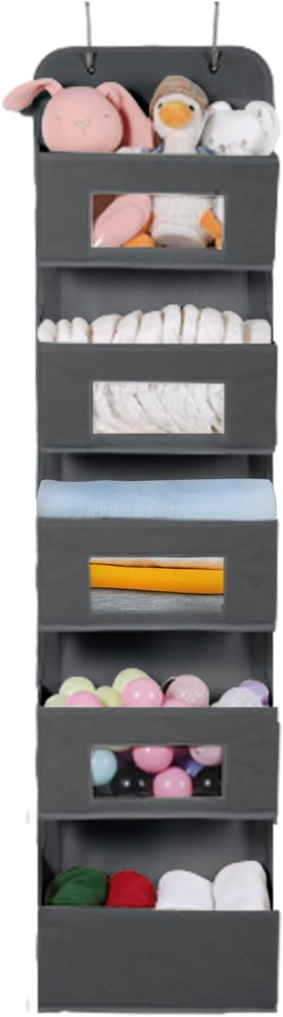 MAX Houser 5-Shelf Over The Door Hanging Organizer with 2 Metal Hooks，5 Pocket Over The Door Wall Mount Storage with Clear Windows for Baby Nursery Bathroom Closet,Bedroom,Dorm (Gray-2 Pack)
