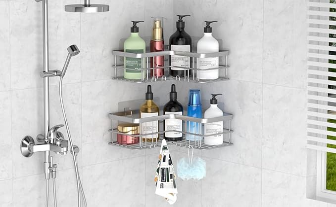 Yazoni Corner Shower Caddy, Adhesive Shower Shelves No Drilling [2-Pack], Rustproof Stainless Steel Bathroom Shower Organizer with 8 Hooks