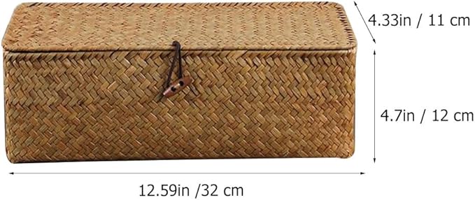 Cabilock Woven Storage Basket with Lid 3-Section Rectangular Seagrass Organizer for Living Room Pantry and Desktop Storage 12.6X4.7X4.3 Inch Handcrafted Bin