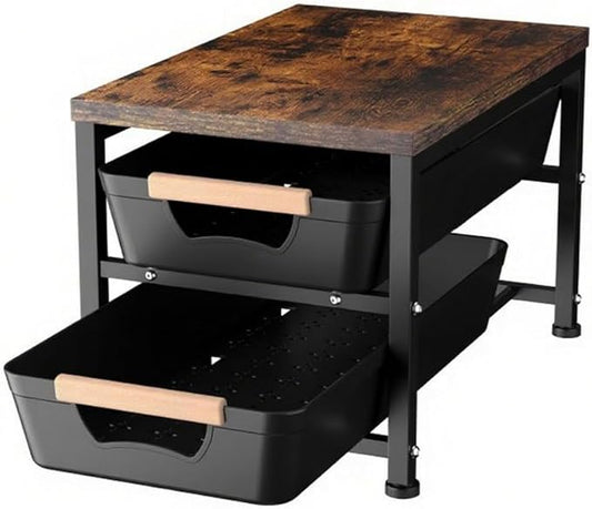 Janebert Office Desk Shelf Organizer, Wood Desktop Bookshelf Supplies Storage Rack with Drawer, Pull-Out Baskets Shelf for Top of Desk and Dresser (Black, Medium 14.96" D x 9.45" W x 11.02" H)