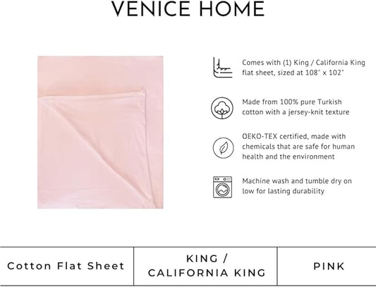 100% Cotton Flat Top Sheet Only - T-Shirt Fabric Jersey Knit - Extra Soft - Wrinkle Free - Machine Washable - Easy Fit - Breathable - Comfy (Pink, King/Cal. King)
