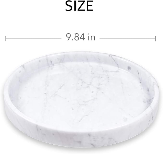 Natural Marble Round Vanity Tray- Bathroom Tray Countertop for Perfumes - Guest Tray Napkin Holder for Bathroom - Fruit Serving Plate for Kitchen - Coffee Table Decor - Jewelry Dish (9.84 inch)