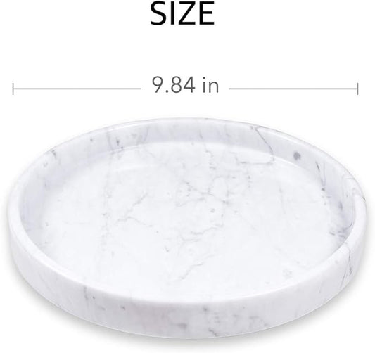 Natural Marble Round Vanity Tray- Bathroom Tray Countertop for Perfumes - Guest Tray Napkin Holder for Bathroom - Fruit Serving Plate for Kitchen - Coffee Table Decor - Jewelry Dish (9.84 inch)