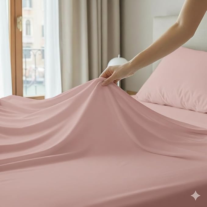 100% Cotton Flat Top Sheet Only - T-Shirt Fabric Jersey Knit - Extra Soft - Wrinkle Free - Machine Washable - Easy Fit - Breathable - Comfy (Pink, Queen)