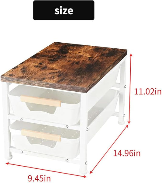 Janebert Office Desk Shelf Organizer, Wood Desktop Bookshelf Supplies Storage Rack with Drawer, Pull-Out Baskets Shelf for Top of Desk and Dresser (Black, Medium 14.96" D x 9.45" W x 11.02" H)