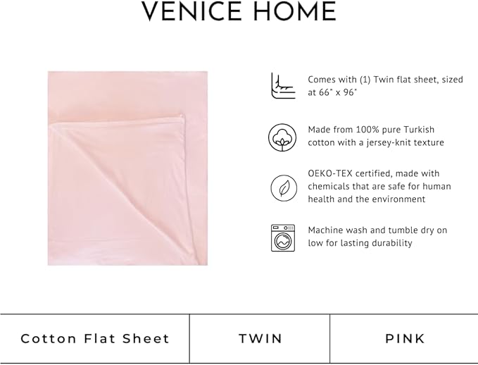 100% Cotton Flat Top Sheet Only - T-Shirt Fabric Jersey Knit - Extra Soft - Wrinkle Free - Machine Washable - Easy Fit - Breathable - Comfy (Pink, Twin)