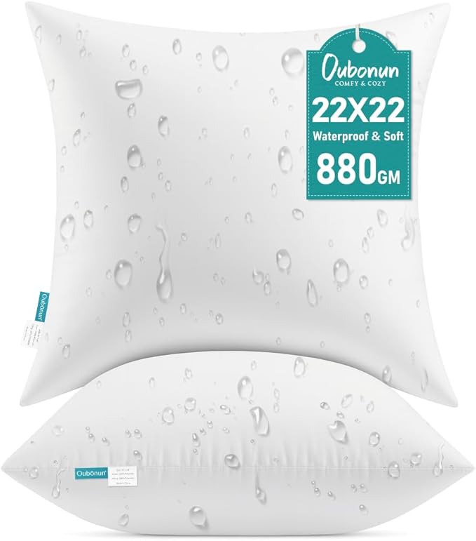Oubonun 22x22 Waterproof Outdoor Pillow Inserts – Set of 2 Soft & Fluffy, Water Resistant Throw Pillows for Patio, Garden, Porch, or Indoor Decorative