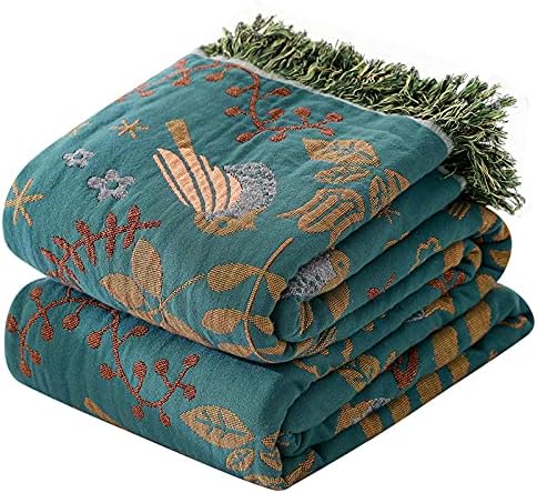 Boho Throw Blanket for Bed Couch 100% Cotton Woven Bed Throws for All Season Lightweight and Soft Cozy Farmhouse Reversible Muslin Decorative Blanket for Travel Picnic, Teal/Cream, 91''x98''