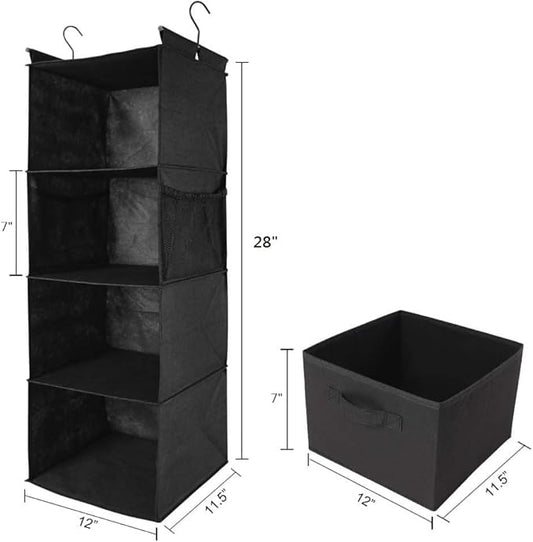 MAX Houser 4-Shelf Hanging Closet Organizer, Space Saver, Cloth Hanging Shelves with 2 Side Pockets, Foldable (Black)