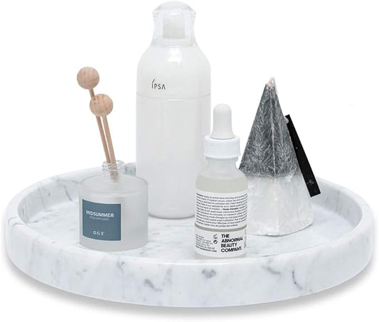 Natural Marble Round Vanity Tray- Bathroom Tray Countertop for Perfumes - Guest Tray Napkin Holder for Bathroom - Fruit Serving Plate for Kitchen - Coffee Table Decor - Jewelry Dish (9.84 inch)