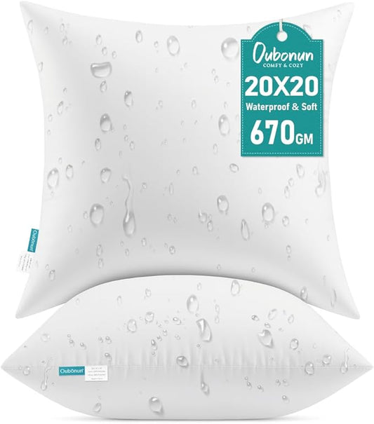 Oubonun 20x20 Waterproof Outdoor Pillow Inserts – Set of 2 Soft & Fluffy, Water Resistant Throw Pillows for Patio, Garden, Porch, or Indoor Decorative
