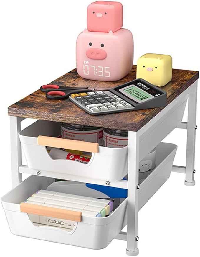 Janebert Office Desk Shelf Organizer, Wood Desktop Bookshelf Supplies Storage Rack with Drawer, Pull-Out Baskets Shelf for Top of Desk and Dresser (White, Medium 14.96" D x 9.45" W x 11.02" H)