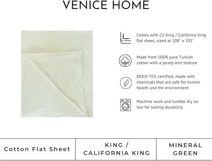 100% Cotton Flat Top Sheet Only - T-Shirt Fabric Jersey Knit - Extra Soft - Wrinkle Free - Machine Washable - Easy Fit - Breathable - Comfy (Mineral Green, King/Cal. King)