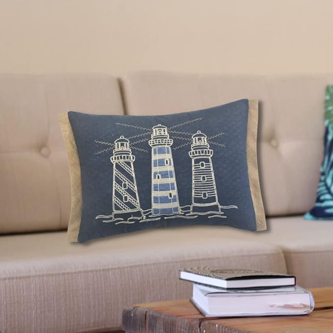 Comfy Hour Under The Sea Collection Ocean Coastal Three Lighthouses Accent and Throw Pillow Blue Decorative Cushion, 18"x13", Polyester