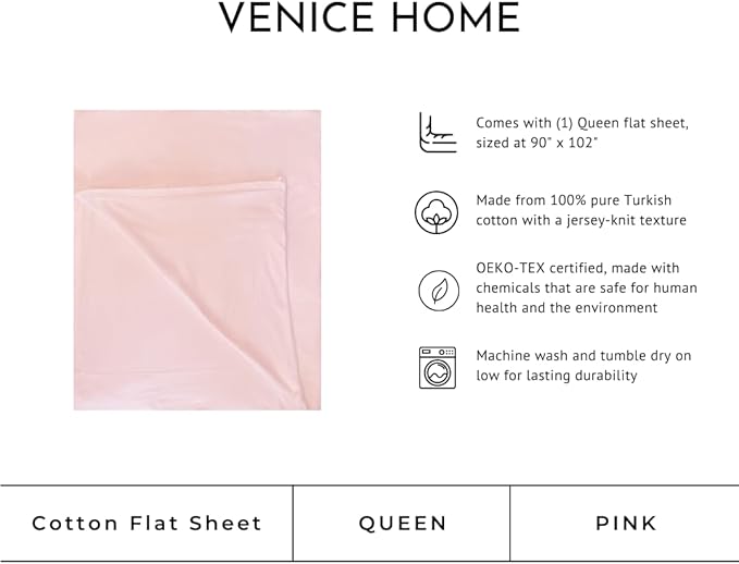 100% Cotton Flat Top Sheet Only - T-Shirt Fabric Jersey Knit - Extra Soft - Wrinkle Free - Machine Washable - Easy Fit - Breathable - Comfy (Pink, Queen)