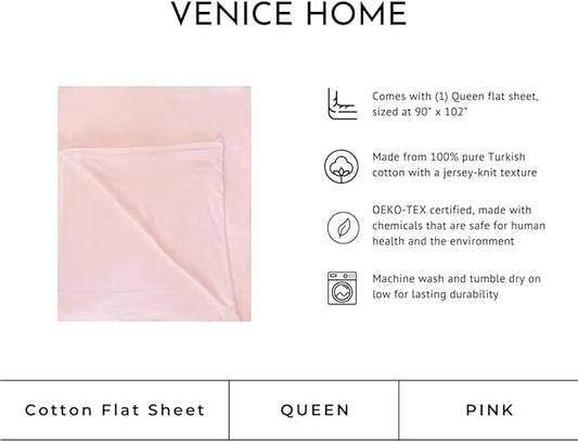 100% Cotton Flat Top Sheet Only - T-Shirt Fabric Jersey Knit - Extra Soft - Wrinkle Free - Machine Washable - Easy Fit - Breathable - Comfy (Pink, Queen)