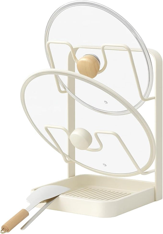 Hlonns Kitchen Pot Lid Storage Rack, Double Layer Pot Lid Organizer Rack & Holder While Cooking, Metal Pot Lid Stand with Spoon Rest and Removable Drip Tray, Space-Saving Design (Beige, 2)