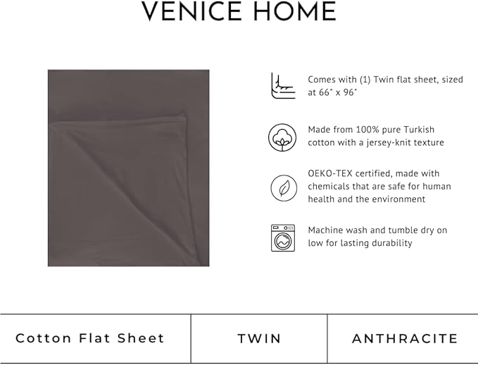 100% Cotton Flat Top Sheet Only - T-Shirt Fabric Jersey Knit - Extra Soft - Wrinkle Free - Machine Washable - Easy Fit - Breathable - Comfy (Anthracite, Twin)