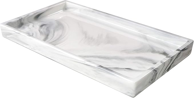 White Marble Bathroom Counter Tray - Ceramic Perfume Organizer and Jewelry Dish for Vanity Dresser