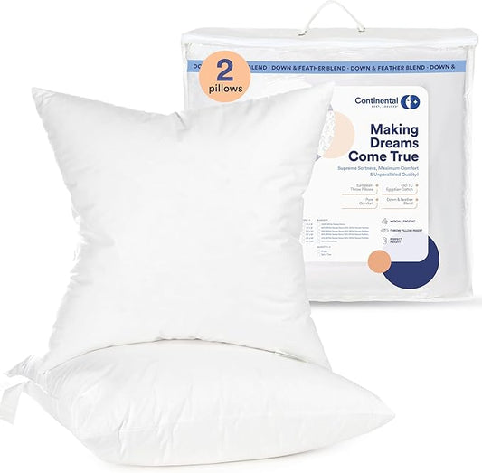 Continental Bedding Throw Pillow Inserts - 26x26, Set of 2, 80% White Goose Down & 20% Feather Fill - Soft Decorative Euro Pillows for Couch, Bed, Sofa & Living Room - Luxurious Comfort & Support