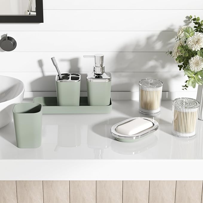 XLHOMO Bathroom Set, Sage Green Bathroom Accessories Set with Press-on Lid Bathroom Trash Can, Soap Dispenser, 10PC Bathroom Accessory Set for Home