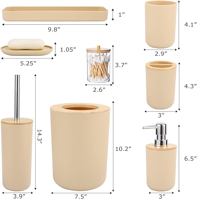 SLDIYWOW Bathroom Accessories, Beige Bathroom Accessories Sets Complete with Trash Can,Tray,Soap Dispenser,Toothbrush Holder,Toothbrush Cup,Soap Dish,Toilet Brush and Q-tip Holders for Bathroom
