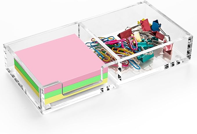WORHE Sticky Note Holder 2 In 1, Clear Acrylic Memo Pad Holders for Desk Organization School Office Home, Post Pop Notes Dispenser for 3"X3" Note Pads (BQ210)