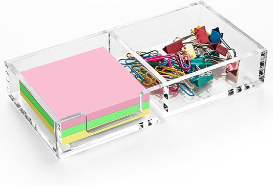 WORHE Sticky Note Holder 2 In 1, Clear Acrylic Memo Pad Holders for Desk Organization School Office Home, Post Pop Notes Dispenser for 3"X3" Note Pads (BQ210)