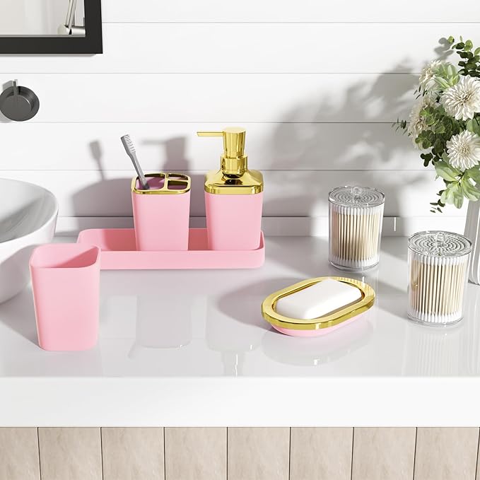 XLHOMO Pink Bathroom Accessories Set, Pink and Gold Bathroom Accessories with Trash Can, Soap Dispenser, Soap Dish, Toothbrush Holder and Q-tip Holders
