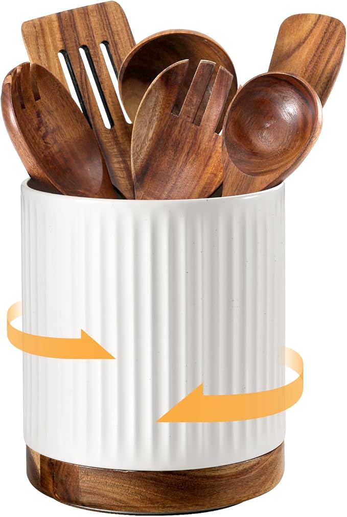 DOWAN 360° Rotating Extra Large Cooking Utensil Holder, 7.6" Kitchen Utensil Holder for Countertop, Utensil Crock for Farmhouse Kitchen Decor, Ceramic Stable Utensil Caddy, White Stripes