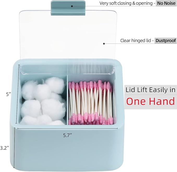 Tecbeauty 2pcs Qtips Holder - Middle Divider Cotton Pads Storage Dispenser Bathroom Organizer with Clear Hinged Lids for Cotton Balls Swabs Rounds-White & Blue