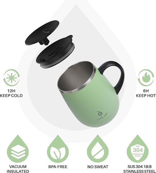Ideus 16 oz Insulated Coffee Mug with Handle and Lid, Double Wall Stainless Steel Vacuum Thermal Coffee Mug, Travel Coffee Cup Thermal Cup for Home and Office, Avocado Green