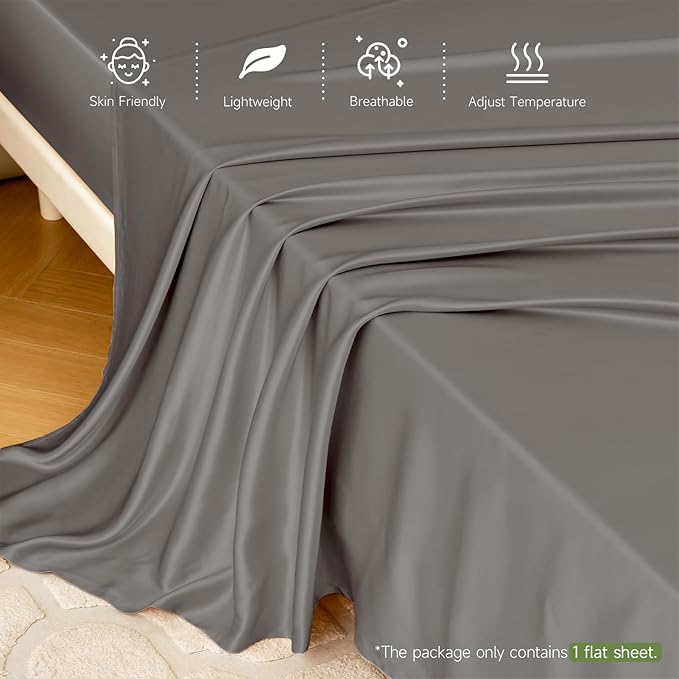 THXSILK 22 Momme 1 Pcs Silk Flat Sheet, 100% Top Grade Pure Mulberry Silk Bed Sheet Breathable Cooling Comfortable Safe Material Ultra Soft Bedding Durable (Twin, Charcoal)