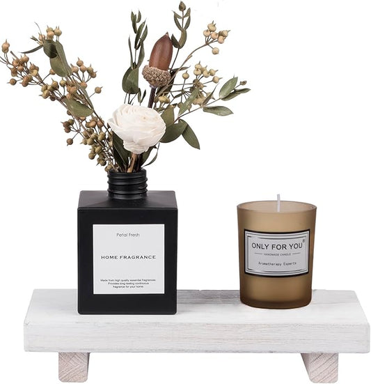 Small Wood Tray Pedestal Stand Farmhouse Bathroom Decor Decorative Wooden Riser Kitchen Soap Dish Holder for Vanity, Counter, Sink, White