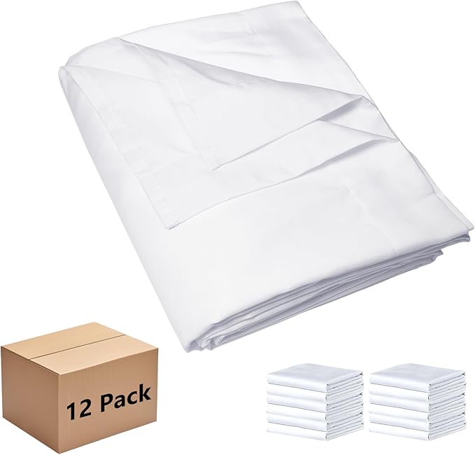 Bulk Queen Flat Sheets Only, White 12 Pack Quick Sort Top Bed Sheet, Color-Coded Hem Threads, Wrinkle-Free Shrinkage Durable Microfiber Hotel Motel Airb&bs Essentials for Hosts, 90"x102"