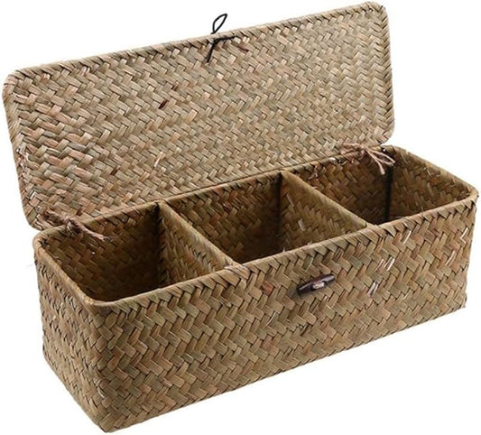 Cabilock Woven Storage Basket with Lid 3-Section Rectangular Seagrass Organizer for Living Room Pantry and Desktop Storage 12.6X4.7X4.3 Inch Handcrafted Bin