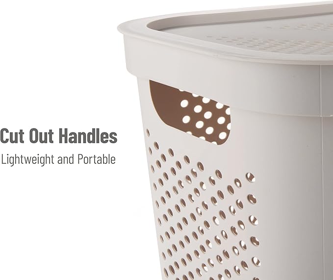 Mind Reader 60L Slim Laundry Hamper, Clothes Basket, Lid, Ventilated, Plastic, Set of 2, Ivory